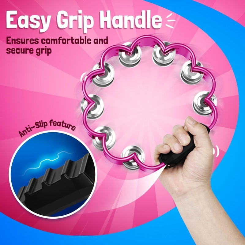 Flexzion Flower Tambourine - 8 Inch Handheld Percussion Instrument w/Metal Jingles & Ergonomic Grip - Small Tambourines for Adults, Kids, Church, Parties, & Musical Events (2 Pack - Blue & Pink) - Image 4